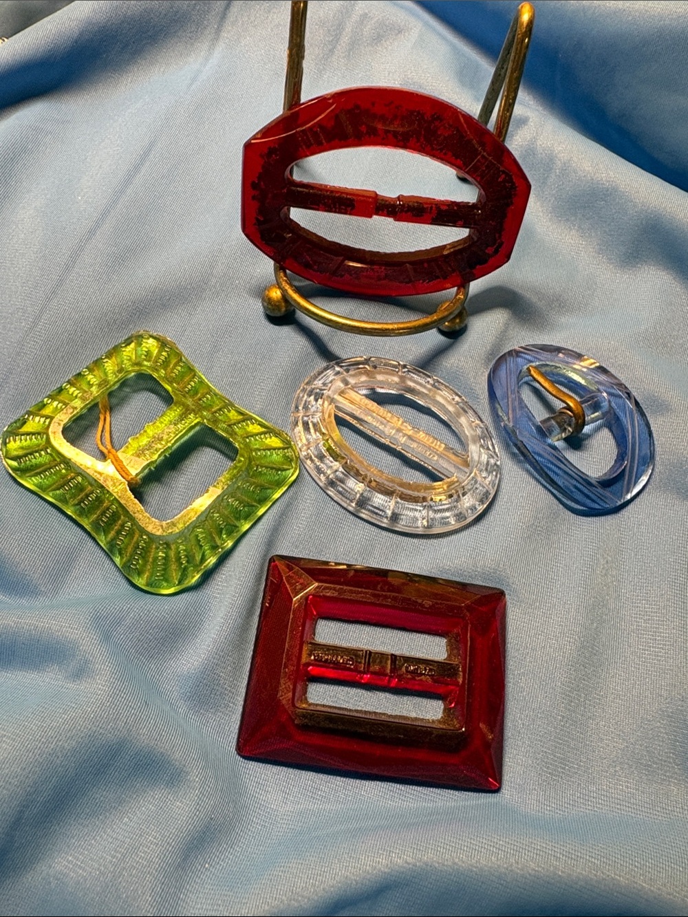 Vintage Glass  Belt Buckles/Scarf Slides in Red, Green, Clear, Blue.